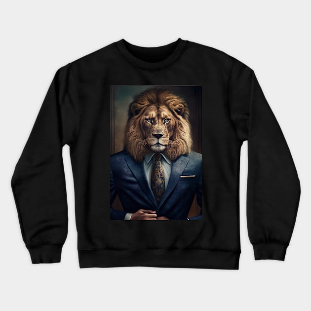 Portrait of a Handsome Lion wearing a suit Crewneck Sweatshirt by KoolArtDistrict